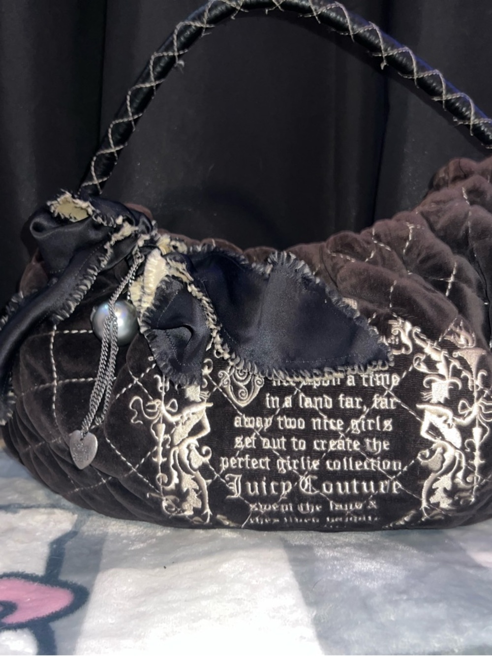 Vintage Juicy Couture Black Quilted Embroidered Shoulder Bag with Satin Bow